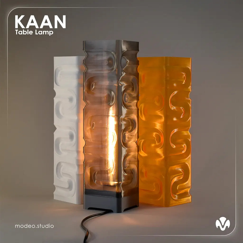 KAAN table lamp with textured design on a gray background. Created by MODEO Deisgn