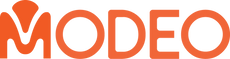 Orange 'MODEO' logo on a white background